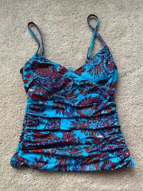 Garnet Hill Blue/Red Paisley Underwire Tankini Top w/Ruched Sides - Sz 2 - VGUC